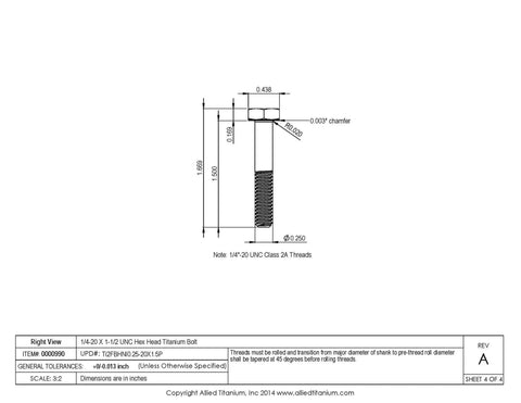 Pack Of Ten 1/4-20 By 1 1/2 Inch Grade Two Pure Titanium Hex Head Bolts Hella Tough detailed technical drawing with dimensions.