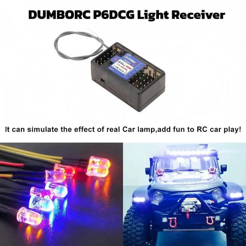DUMBORC P6DCG light receiver with RGB LED lights and RC car setup displaying effects, for X6 RC Transmitter with Three Receivers Gyro.
