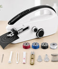 Your Go To Handheld Sewing Machine For Quick Mending And DIY Projects with accessories, black and white design on table