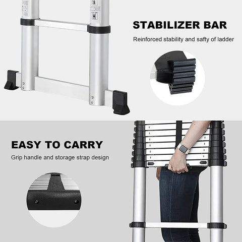 15.5 Foot Aluminum Telescoping Extension Ladder With Stabilizer Bar One Button Retraction Soft Close And Pinch Free 330 Pound Capacity EN131 Certified Ideal For RVs And Home Maintenance shown with stabilizer and carry handle