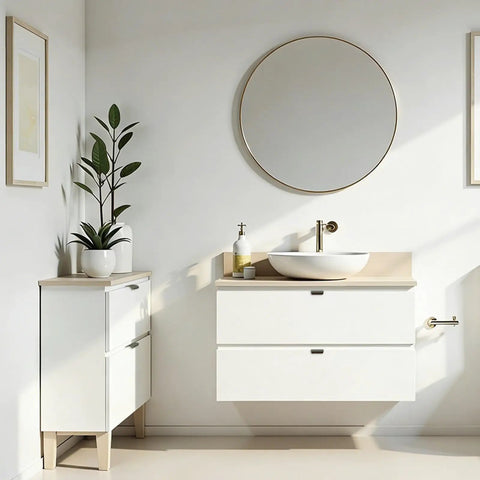 Minimalist bathroom with white cabinets, round mirror, and decor; ideal for Six Pack Finger Edge Pulls Self Adhesive Concealed Cabinet Handles.