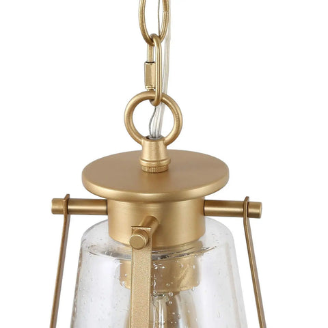 Gold Pendant Light Fixture For Kitchen Island And Dining Room, Brass Hanging Light With Bubble Seeded Glass detail close-up