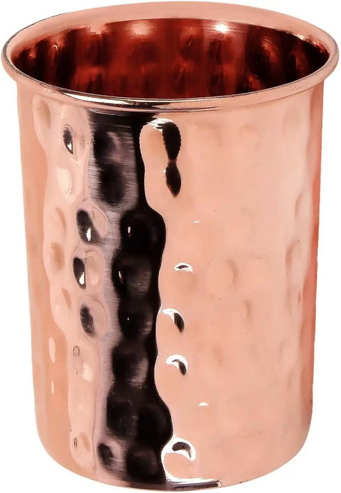 Hammered Copper Water Dispenser Pot 10 Liter With Brass Stand Tap And Knob Includes 4 Copper Tumblers close-up view of tumbler