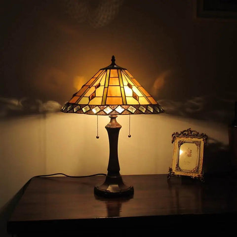 Old School Tiffany Style Geometric 2 Light Table Lamp With 16 Inch Shade And Vintage Glass Beads And Crystal Accents Pull Chain