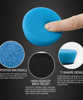 Close-up of blue foam pad from All In One Drill Polishing Kit with details on materials and T-shape design for car polishing waxing