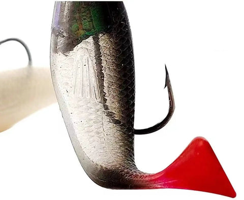 Close-up of Five Piece Soft Plastic Fishing Lure Set, 8Cm T Tail Bait with 3D Eyes and sharp treble hooks, PVC material