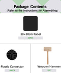 Six Cube Storage Organizer Set For Wardrobe And Home, 30x30cm panel, plastic connector, wooden hammer, assembly components view