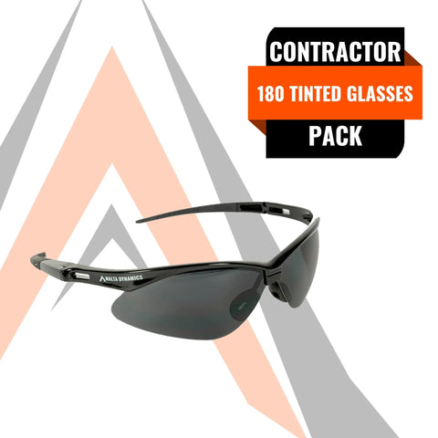 Foreman Approved Rugged Safety Glasses Featuring Anti Scratch And Anti Fog Coating Lightweight Comfort Fit Heavy Duty Tinted Lenses For Trade Crews Certified Bulk Pack Of 180, shown in profile with tinted lenses.