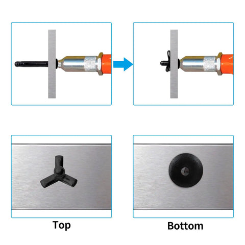 Heavy Duty Black Aluminum Blind Rivets 60 Piece 3 16 By 1 Inch Pop Fasteners showing installation steps with secure top and bottom views.