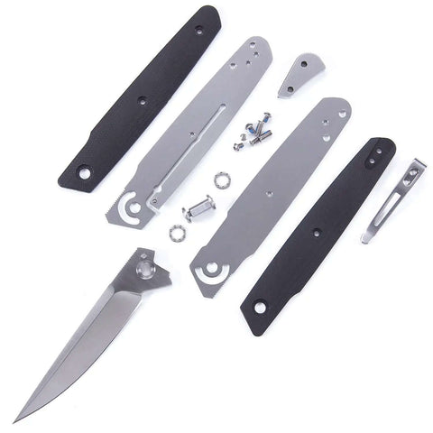 M63 DIY Folding Knife Kit With Dual Bearing Flipper Parts Kit Black G10 Handle Scales Gift Box Included laid out in pieces
