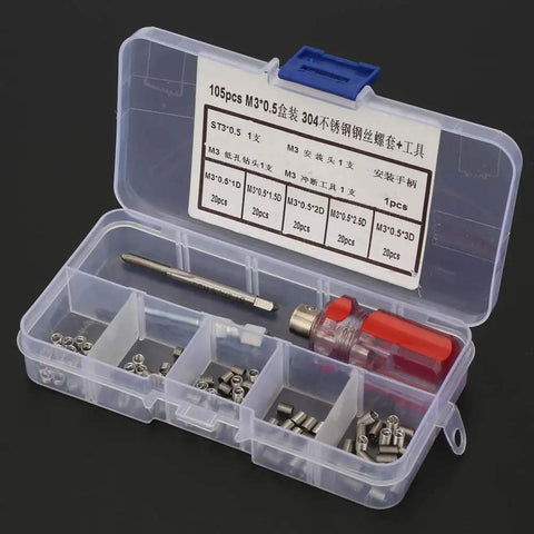 Pro Grade Stainless Steel Thread Inserts Repair Kit For Damaged Threads, Wire Insert Screws And Sleeve Set For Bolts And Metal Fasteners, Aluminum And Steel, M3 x 0.5 Box, 105 Pieces, open box showing contents