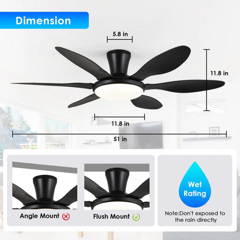 51 Inch Black Modern Ceiling Fan With Lights Remote App Control Quiet DC Motor Dimmable LED Reversible Flush Mount