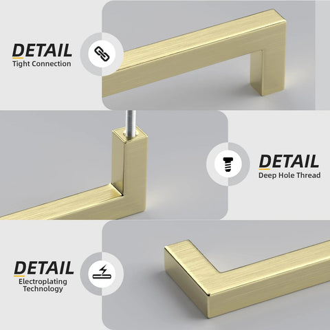 Close-up details of Set Of 20 5 Inch Brushed Gold Cabinet Handles With Square Style Design Premium Stainless Steel Drawer Pulls.