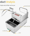 Heavy Duty 550W Commercial Mobile Fryer Filter Machine With 65L Stainless Steel Oil Filtration System, top view with oil outlet and handrail.