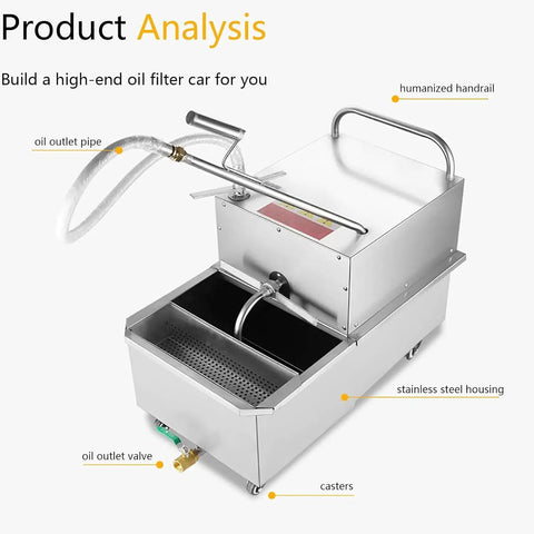 Heavy Duty 550W Commercial Mobile Fryer Filter Machine With 65L Stainless Steel Oil Filtration System, top view with oil outlet and handrail.