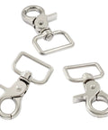 Set of 3 silver swivel snap hooks with trigger levers and rectangular attachment rings.