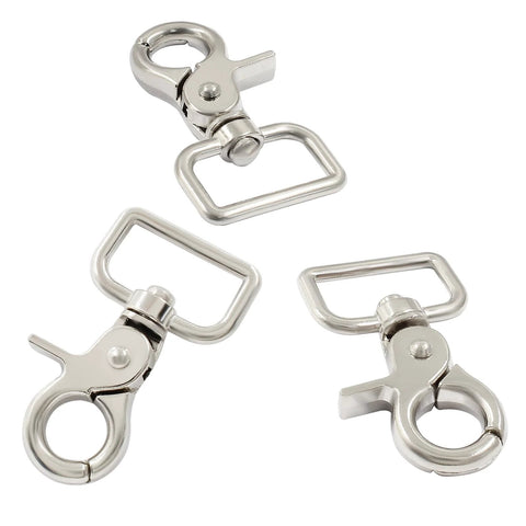 Set of 3 silver swivel snap hooks with trigger levers and rectangular attachment rings.