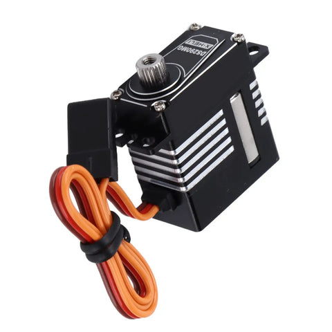 Premium Full Metal Waterproof Steering Gear Servo DS290MG shown from the side, highlighting aluminum housing and wiring.
