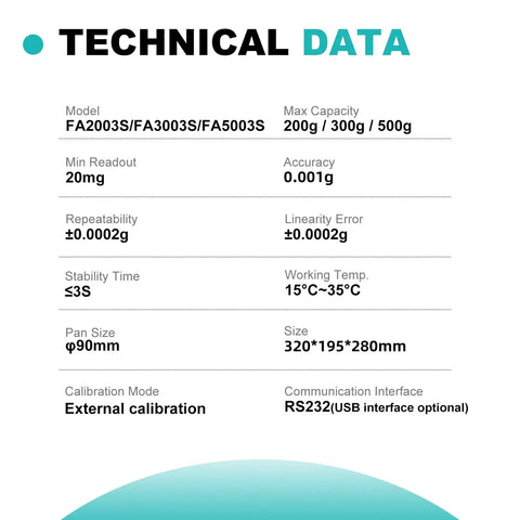 Technical data of Analytical Balance 500g Capacity With 0.001g Precision, showing specifications and dimensions.
