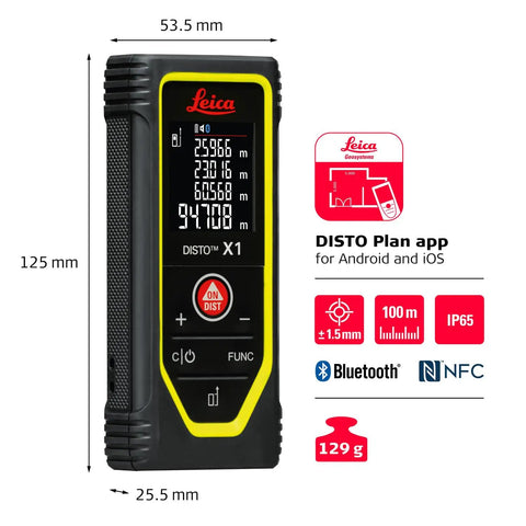 Disto X1 Laser Distance Meter With 330 Ft Range, Bluetooth 4.2 And NFC Data Transfer To Disto Plan App, Add And Subtract Measurements For Pros, 4 Line Display, IP65 Dust And Waterjet Protection, 6 Ft Drop Tested, Includes Hand Loop And Pouch, black handheld meter