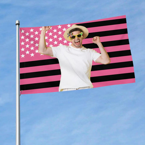 Personalized Pink American Flag 3x5 Ft Banner With Your Photo And Text Design Custom Flag Tapestry on pole outdoors