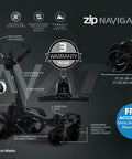 Zip Navigator All Terrain Electric Golf Cart With No Sweat Zip Fold Frame Remote Throttle Drive and Sweet Stash Compartments in Gloss Black showcasing features and specifications.