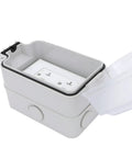 Real Deal Weatherproof Electrical Box Paired With A Beefy 20A Duplex Outlet NEMA 5 20R Surface Mount UL Listed Hang Tough Kit Open view showing duplex outlet inside.