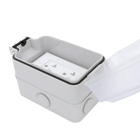 Real Deal Weatherproof Electrical Box Paired With A Beefy 20A Duplex Outlet NEMA 5 20R Surface Mount UL Listed Hang Tough Kit Open view showing duplex outlet inside.