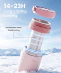 Portable Stainless Steel Breast Milk Chiller Keeps Bottles Chill For Up To Twenty Three Hours in pink, showing rapid cooling design outdoors.