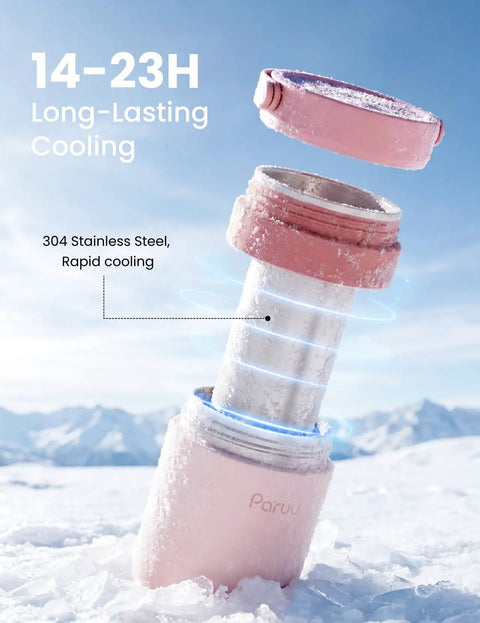 Portable Stainless Steel Breast Milk Chiller Keeps Bottles Chill For Up To Twenty Three Hours in pink, showing rapid cooling design outdoors.