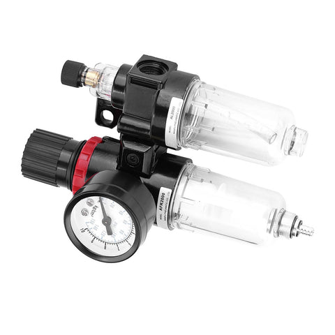 Pro Grade Air Compressor FRL Unit With Drain Valve G1/4 Thread Oil Water Separator For Pneumatic Tools showing transparent chambers and gauge.