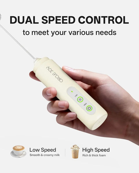 Top Shelf Rechargeable Two Speed Milk Frother With Dual Spring Stainless Whisk, handheld frother showing dual speed control settings.