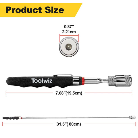 Magnetic Telescoping Pickup Tool With Led Light 8 Lb Lifting Capacity Extendable From 7.7 To 32 Inches showing size dimensions