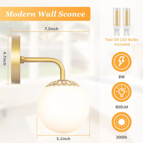 Gold Wall Sconces Set of Two With White Glass Globes Mid Century Brass Look Wall Lamps dimensions and LED bulb details