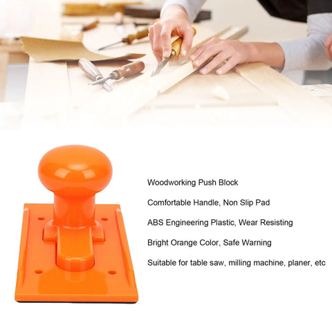 Pro Grade Woodworking Push Block with rounded handle and textured non-slip surface, bright orange ABS for table saw and planer