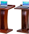 Heavy Duty Solid Wood Lecture Podium And Mobile Stand With Hella Roomy Workspace Killer Design For Teachers Speakers And Corporate Events water repellent build, showing two podiums with laptops.