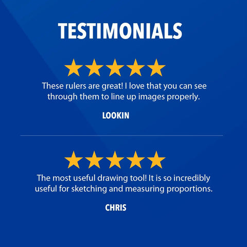 Testimonials graphic with 5-star reviews for 18 Inch Transparent Beveled Ruler With Center Zero, 8ths Of An Inch On One Side And Centimeters On The Other, Go To Drafting Ruler For Architects, Artists, And DIYers, Clear Edge, Durable Plastic.