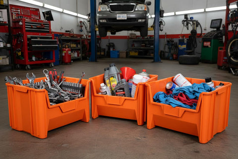 54 Pack Heavy Duty Plastic Stackable Hopper Bins 20 By 15 By 12 In Orange Industrial Bulk Storage Containers With Tough Grip Handles holding tools and chemicals in a garage.