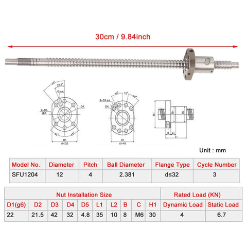 300mm Rolled Ballscrew Ballnut Kit With No Backlash Or Side End Supports For Smooth High Efficiency And Precise Positioning In CNC Machines Home Shop Tools, detailed technical drawing with dimensions.