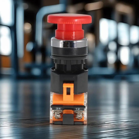 Emergency Stop Button Switch With Red Mushroom Head 22mm NO NC Spring Return on a dark reflective surface