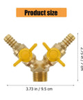 Hardened Brass Three Way Ball Valve With Dual Handles Quick Connect Y Pattern Body For Gas And Pneumatic Systems Built Tough With Rock Solid Seals No Sweat Operation Guaranteed, showing size dimensions.