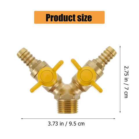 Hardened Brass Three Way Ball Valve With Dual Handles Quick Connect Y Pattern Body For Gas And Pneumatic Systems Built Tough With Rock Solid Seals No Sweat Operation Guaranteed, showing size dimensions.