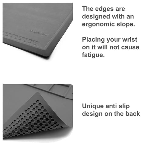 Pro Grade Silicone Soldering Mat With 932 Fahrenheit Heat Resistance, showing ergonomic edge and non slip underside design.