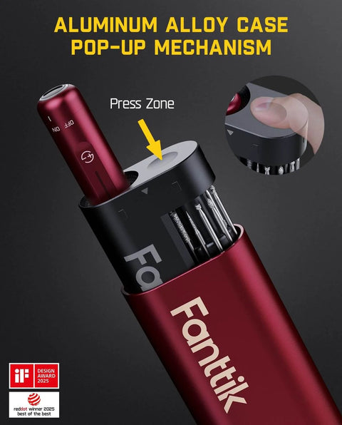 F2 Master Mini Cordless Rotary Tool Kit With 25,000 RPM Brushless Hollow Cup Motor And NeoPulse Power, 5 Speed Settings, Revostor Hub, 35 Accessories, Red aluminum case with pop-up mechanism.