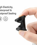 Hand holding 22 Pack Black T Type Silicone Hole Plugs 3/8 Inch Vulcanized Dustproof Sealing Stoppers showing flexibility and sealing icons