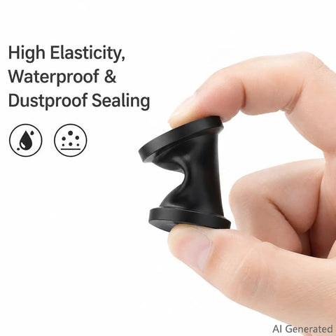 Hand holding 22 Pack Black T Type Silicone Hole Plugs 3/8 Inch Vulcanized Dustproof Sealing Stoppers showing flexibility and sealing icons