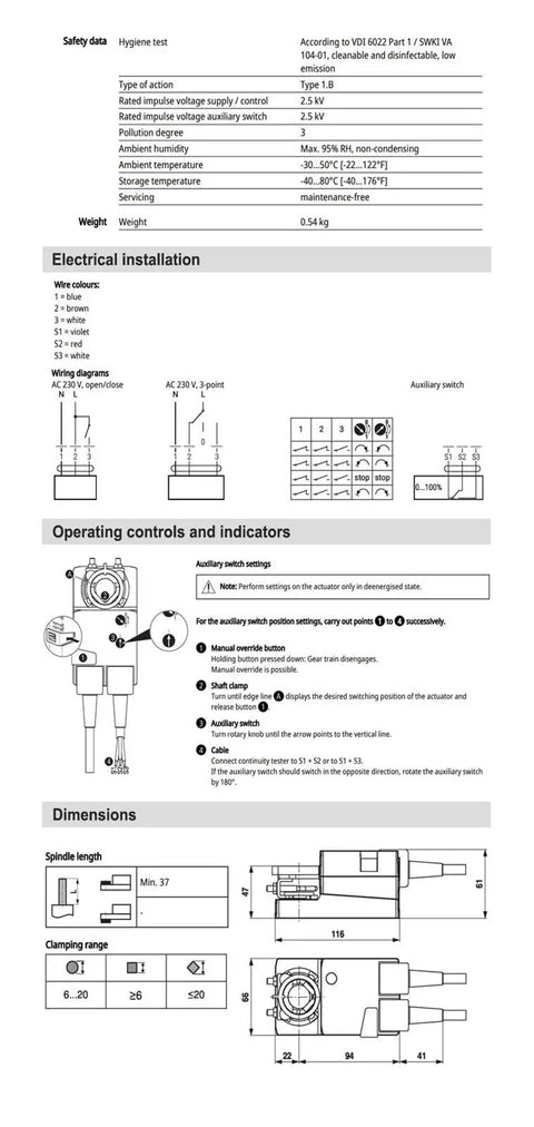 Heavy Duty Damper Actuator Built Like A Tank For Hvac Ventilation specifications and wiring diagram on instruction sheet.