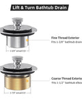 Pair of lift-and-turn bathtub drains with overflow faceplates: chrome fine-thread 1-3/8 and brass coarse-thread 1-1/2.