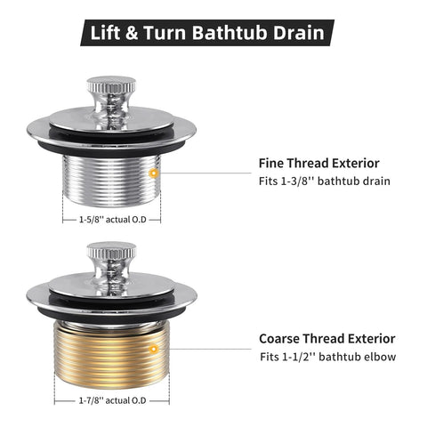 Pair of lift-and-turn bathtub drains with overflow faceplates: chrome fine-thread 1-3/8 and brass coarse-thread 1-1/2.