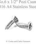 Stainless steel No. 6 x 1/2 inch Pozi Csunk screws, two screws shown with crosshead details, by Clarke Marine